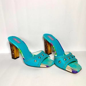 Emilio Pucci Blue Turquoise Studded Psychedelic High Heeled Sandal Heels Size 6